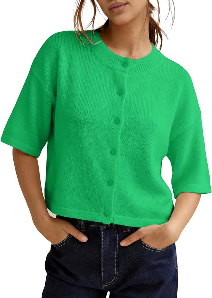 Springrain Womens Cropped Cardigan Lightweight Crewneck Summer Cardigan Casual Button Down Knit S... | Amazon (US)
