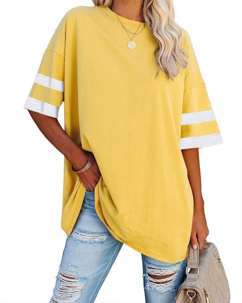 Fisoew Womens Oversized Tees Loose T Shirts Half Sleeve Crew Neck Color Block Cotton Tunic Tops | Amazon (US)