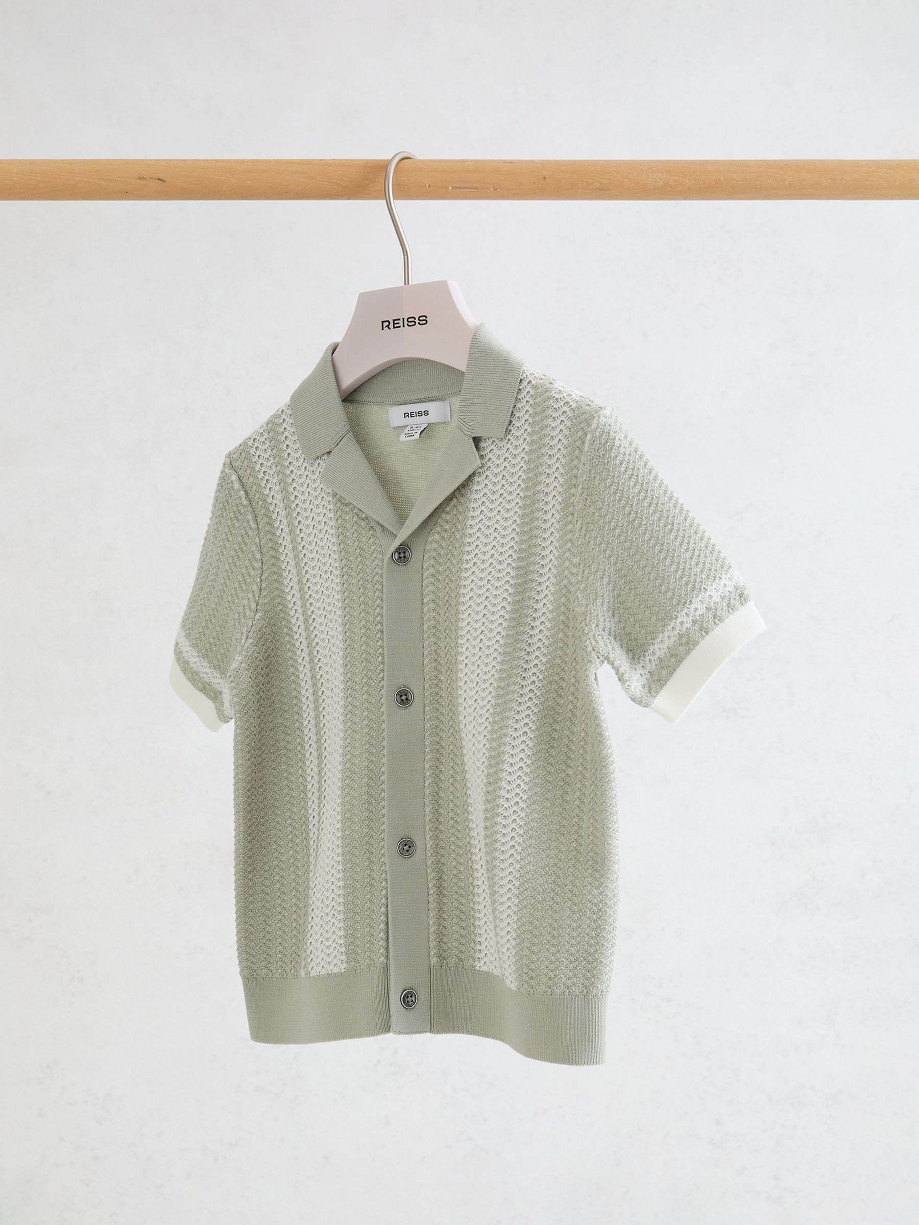 3-9 yrs Cotton Textured-Knit Striped Shirt in Sage/White | Reiss US