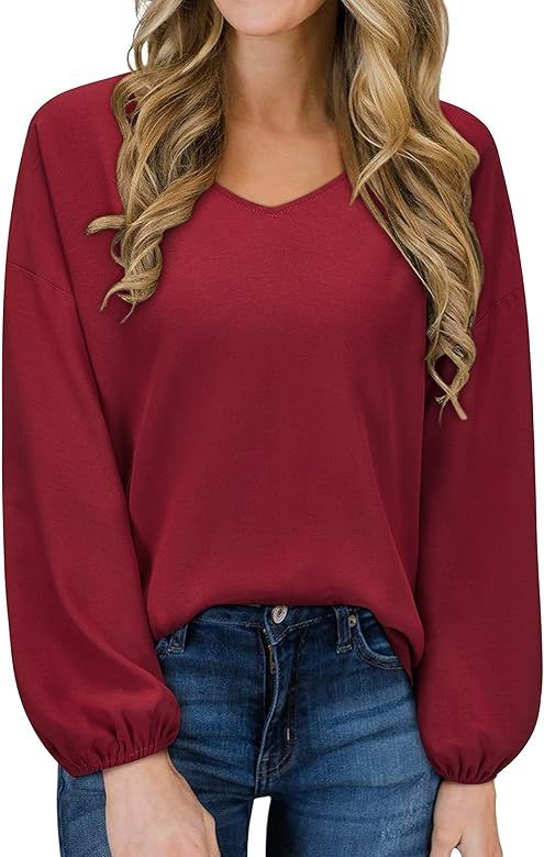 LAISHEN Women's Casual Long Balloon Sleeve Tops V Neck Loose Shirts Chiffon Blouses | Amazon (US)