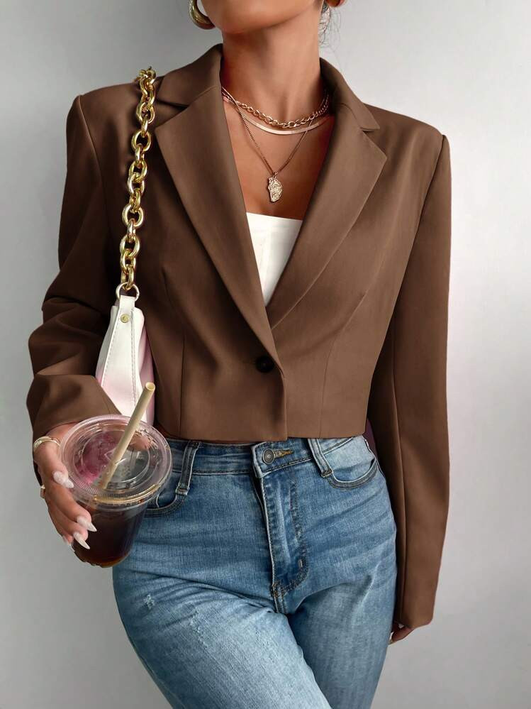 BizChic Blazer Curto De Lapela Fina Aberto Na Frente Para Mulheres, Top Básico, Estilo Minimalista Urbano De Transporte, Casaco Casual Para Escritório No Outono/Inverno | SHEIN