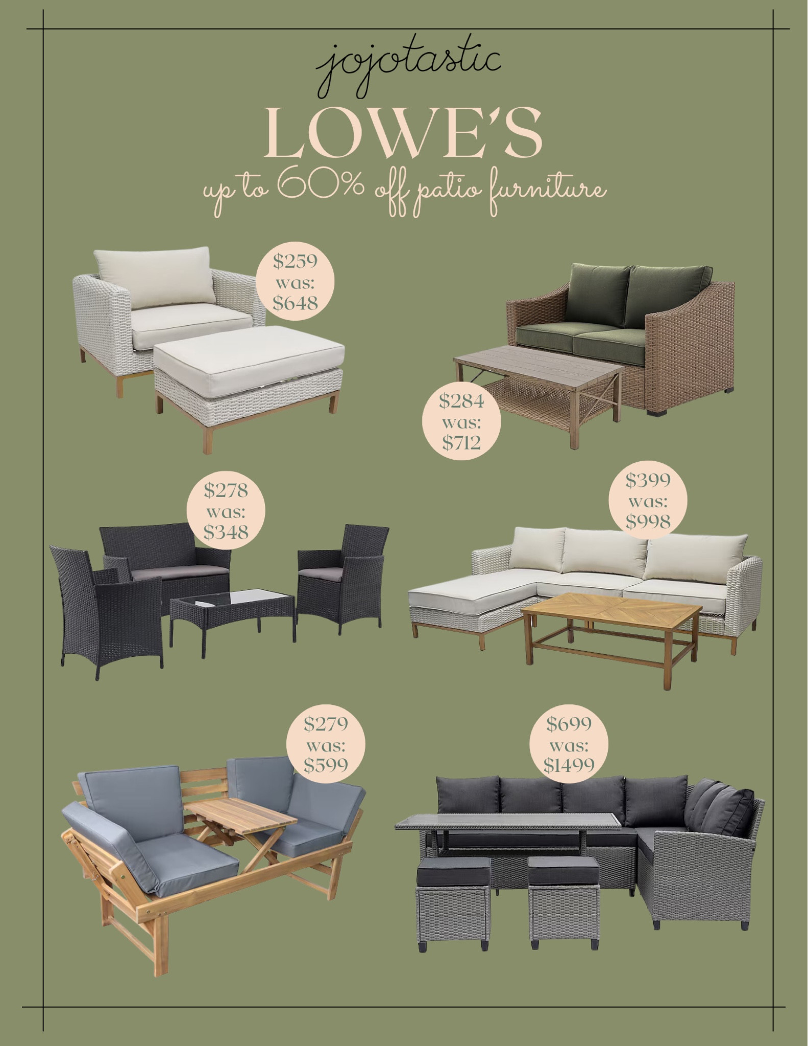 Lowe’s has a large selection of patio furniture on sale right now for up to 60% off! Grab for the fall season or even for next summer! 

#LTKSeasonal #LTKHome #LTKSaleAlert