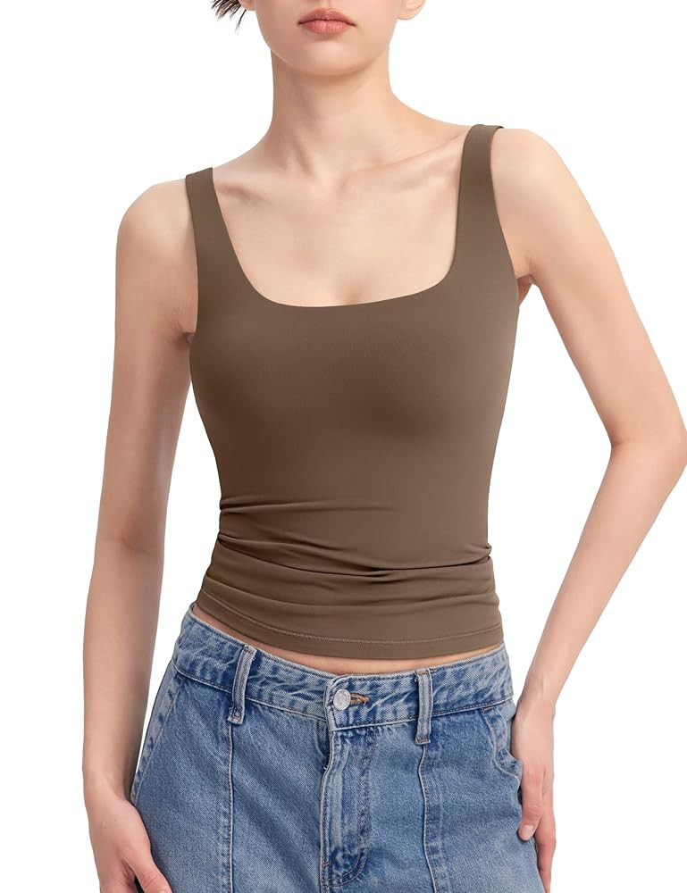 PUMIEY Women's Square Neck Tank Top Sleeveless Double Lined Basic Tops Sharp Collection | Amazon (US)
