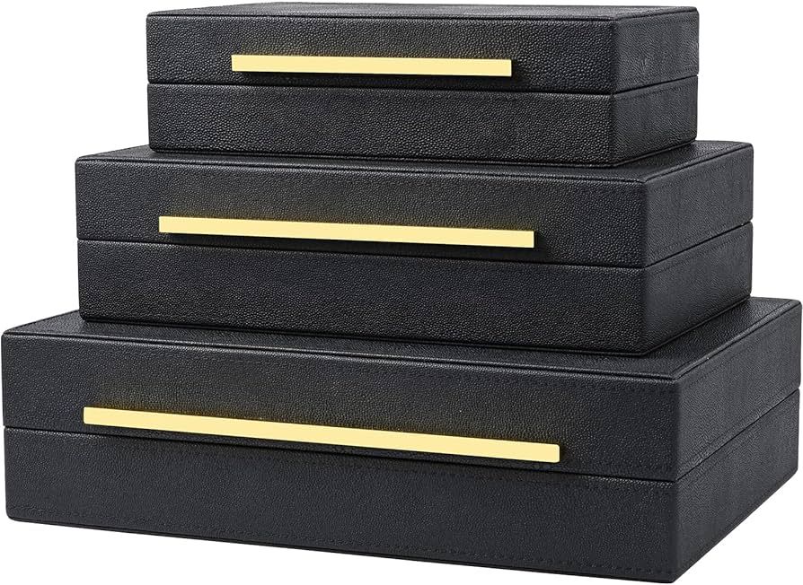 Black Shagreen Box Faux Leather Set Of 3 Pcs Storage Decorative Boxes,Modern Stacking Decorative ... | Amazon (US)