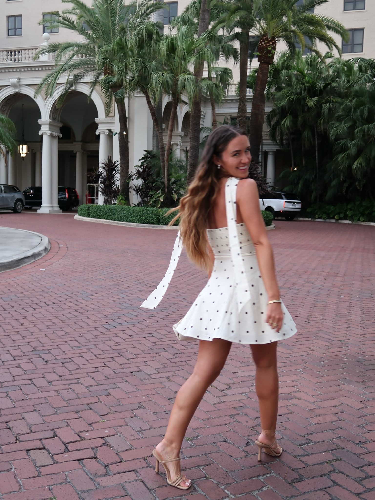 Polka Dot Strapless Mini Dress is perfect for summer. It comes with a little neck scarf that makes it a little more dressy. 
Wearing an XS