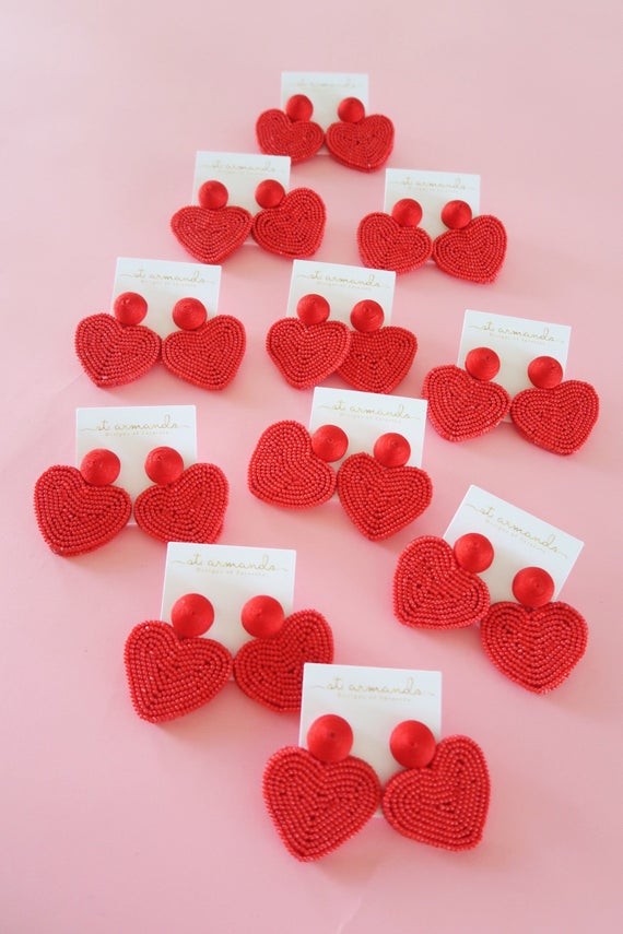 Valentines Day Red Beaded Heart Statement Earrings | Etsy (US)