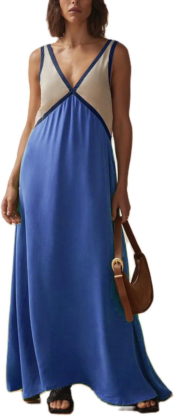 Muineobuka Womens Patchwork Aesthetic Satin Dresses Summer Sexy Casual Loose Sleeveless V Neck Co... | Amazon (US)