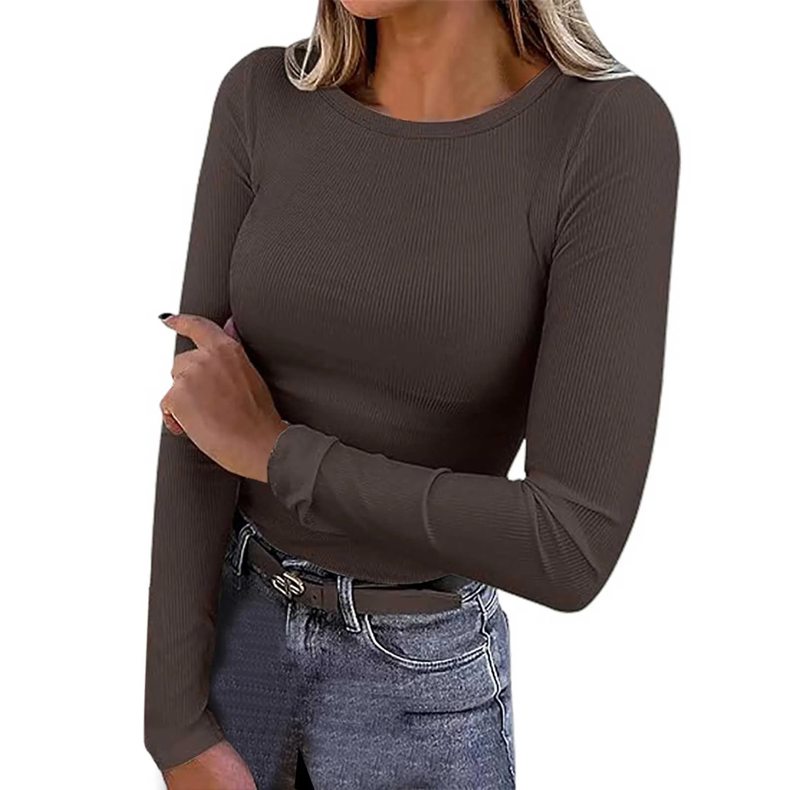 Summer Tops for Women Long Sleeve Stretch Crewneck Ribbed Fitted Casual Basic Versatile Brown Wom... | Walmart (CA)
