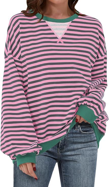 ANRABESS Women Striped Oversized Sweatshirt Long Sleeve Crewneck Hoodies Shirts 2024 Fall Pullove... | Amazon (US)