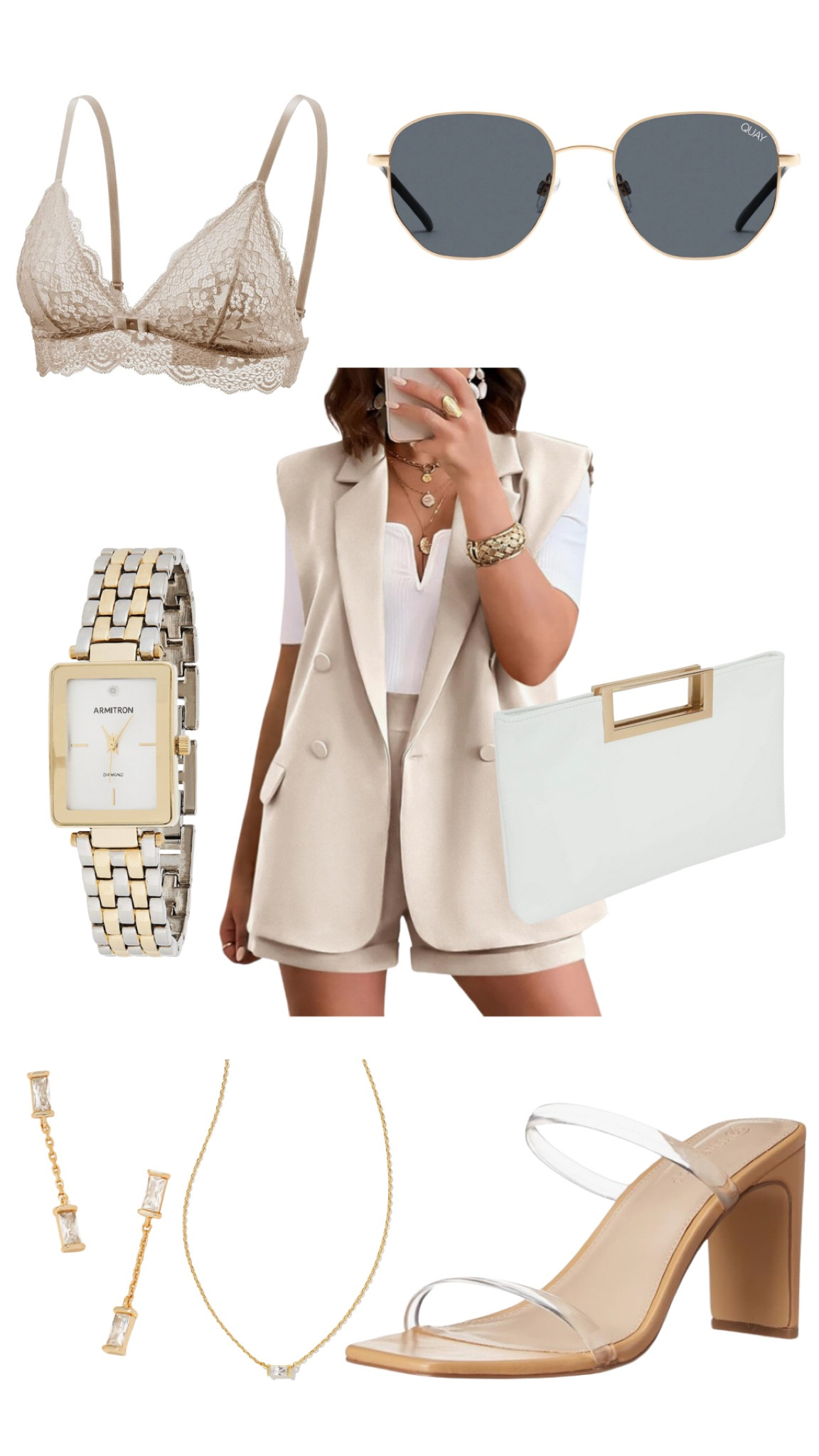 Summer outfit, dinner date, neutral outfit, blazer set, sleeveless blazer, amazon style, amazon outfit, sleeveless blazer set, mixed metal jewelry, mixed metal watch, clear heels, Kendra Scott jewelry, white clutch purse, neutral style, bachelorette party outfit, Bach party, amazon matching set

#LTKstyletip #LTKSeasonal #LTKfindsunder50