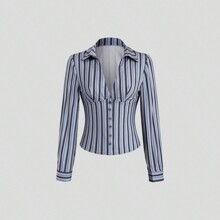 Asymmetric Hem Striped Printed Casual Long Sleeve Shirt | SHEIN