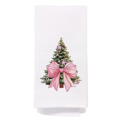 bitCNY Christmas Kitchen Towel – Pink Bow Tree Waffle Weave Dish Towel, Cute Holiday Hand Towel for Christmas Decor or Gift, 16x24 Inch | Amazon (US)