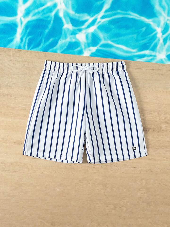 Tween Boy Striped Print Drawstring Waist Swim Trunks For Summer Vacation & Casual Wear | SHEIN