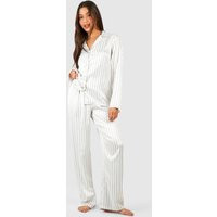 Womens Pinstripe Button Front Pj Set - White - 10, White | Boohoo.com (UK & IE)