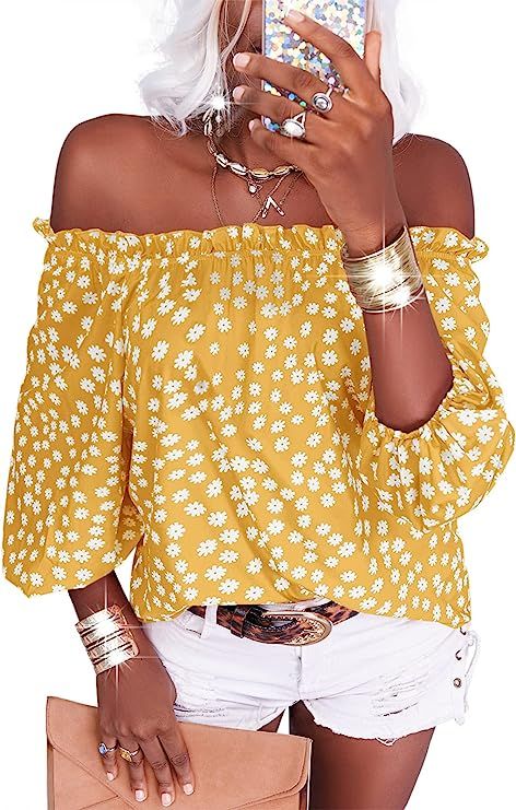 Teurkia Womens Summer Off Shoulder Blouse Floral Print 3/4 Sleeve Casual Chiffon Tops Shirts | Amazon (US)