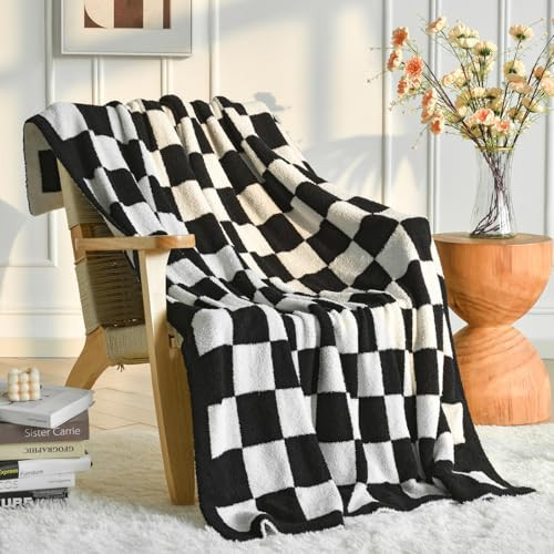 Checkered Throw Blanket, Black Knit Blankets with Soft Fluffy Microfiber, Cozy Fluffy Lightweight Decorative Reversible Travel Blanket for Couch Bed Sofa, 27"x39" | Amazon (US)