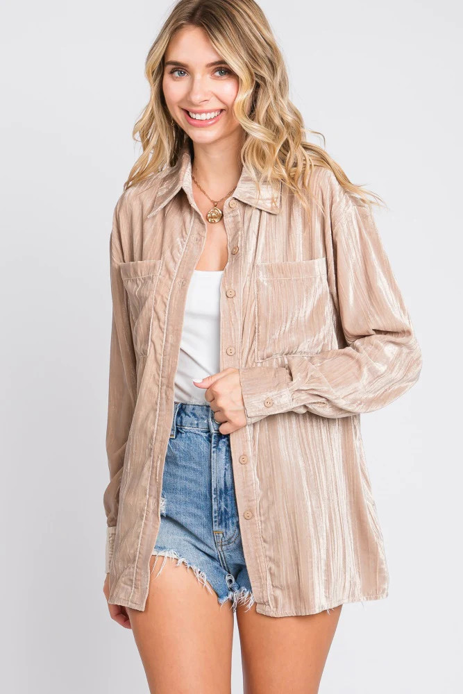 Taupe Button Up Velvet Top | PinkBlush Maternity