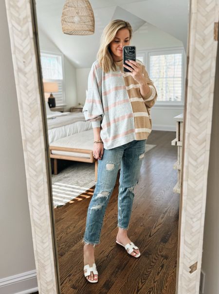 Striped pullover for spring // non-maternity and runs oversized // wearing the XS // maternity jeans are old pea in the pod, linked similar 

spring outfit, pregnancy 

#LTKstyletip #LTKbump #LTKSeasonal