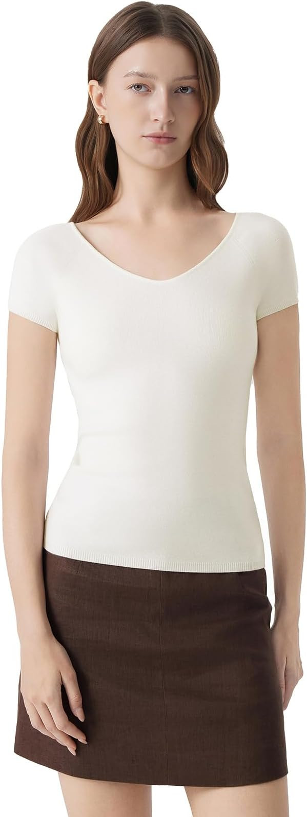 SUUKSESS Women Silk Cashmere Blend Wide V Neck Short Sleeve Sweater Casual Essential Top Shirts | Amazon (US)