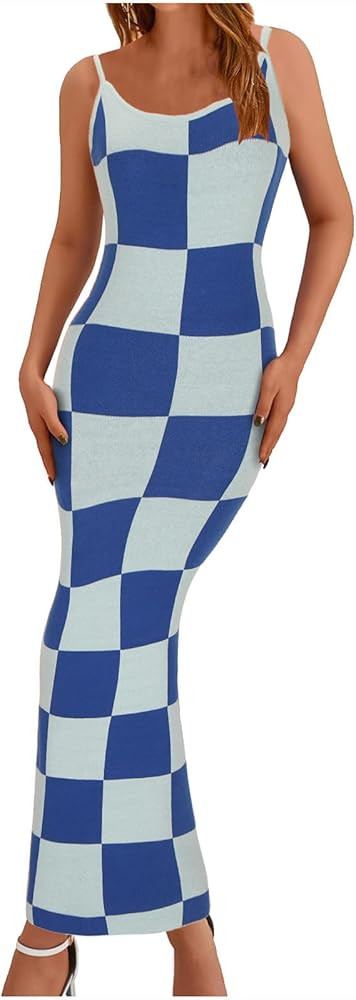 HGps8w Womens Elegant Checkerboard Bodycon Dress Slim Fitted Spaghetti Strapes Sleeveless Midi Pa... | Amazon (US)