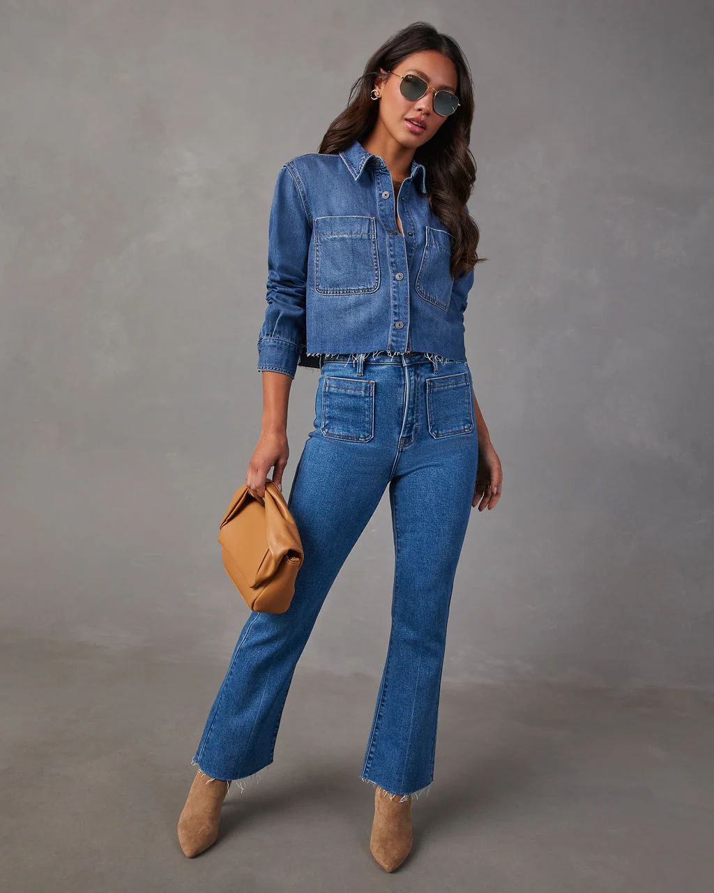 Jamie Cropped Denim Button Down Top | VICI Collection