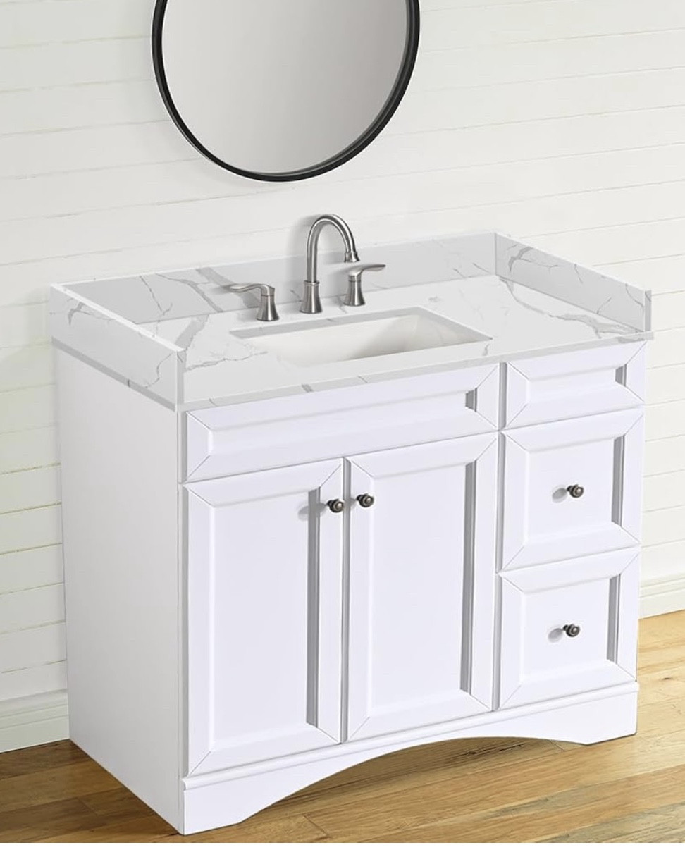 Quartz Calacatta River Vanity Top,with Undermount Middle Sink Vanity Top,with Two Sidesplash & One Backsplash,8 Inch Faucet Hole Spread Bathroom Vanity Sink Countertop

#LTKHome