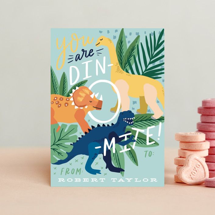 "You are Dino-mite!" - Customizable Classroom Valentine's Cards in Blue by Alethea and Ruth. | Minted