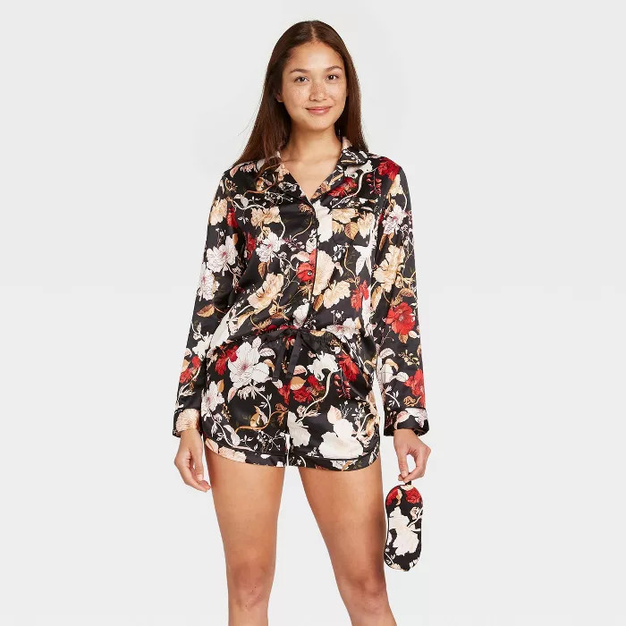 Women's 3pc Floral Print Satin Long Sleeve Notch Collar Top and Shorts Pajama Set with Eye Cover ... | Target