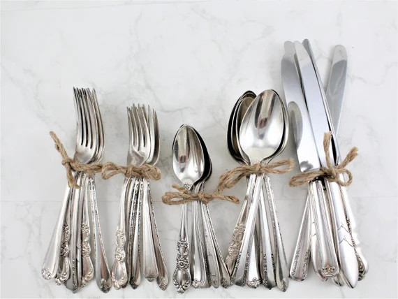 Mismatched Silver Plated Flatware, 30 Piece Antique Silver Cutlery, 6 Place Settings of 5, Weddin... | Etsy (US)