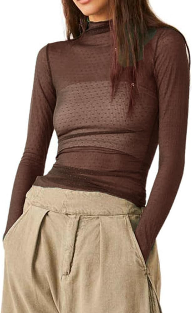Sheer Mesh Long Sleeve Layering Top for Women Mock Neck Floral Lace Tshirt See Through Tee Shirt ... | Amazon (US)