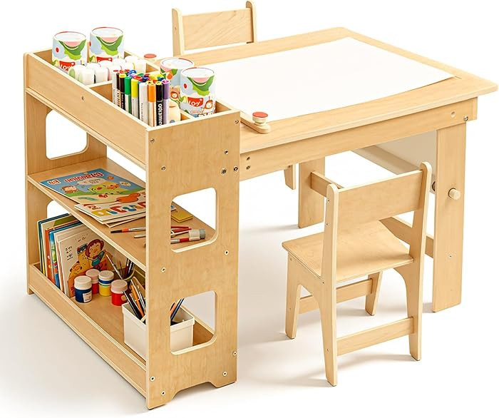 wingyz Kids Art Table and Chairs - Toddler Activity Table and 2 Chair Set with Storage Cabinet, 5... | Amazon (US)