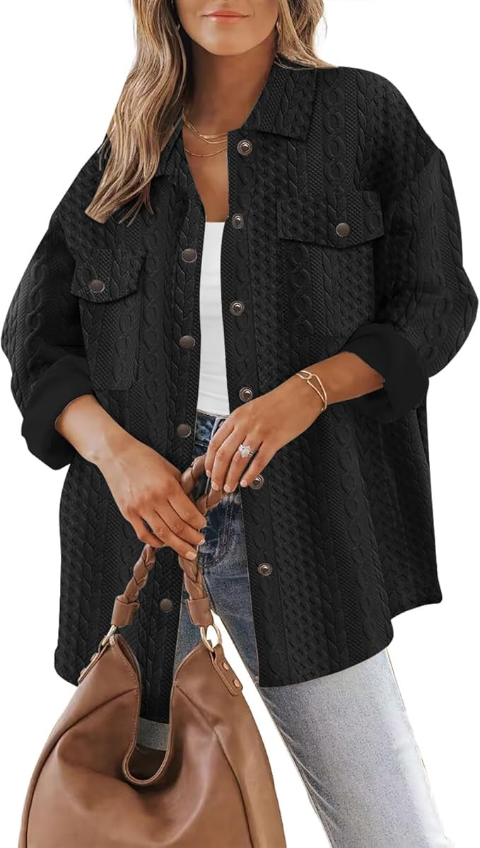 SAUKOLE Women's Shacket Jackets Casual Long Sleeve Button Down Shirts Solid Color Loose Fashion B... | Amazon (US)