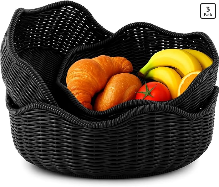 3 Pcs Wicker Bread Basket Plastic Rattan Woven Bread Baskets for Serving Rattan Fruit Bowl Kitche... | Amazon (US)