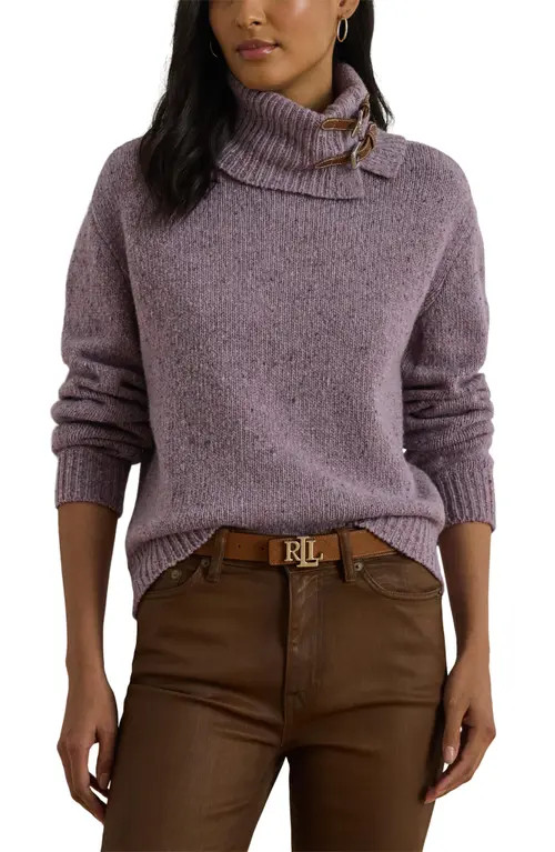 Lauren Ralph Lauren Wool Blend Buckle Trim Turtlneck Sweater in Lavender Frost Donegal at Nordstrom, Size Medium | Nordstrom