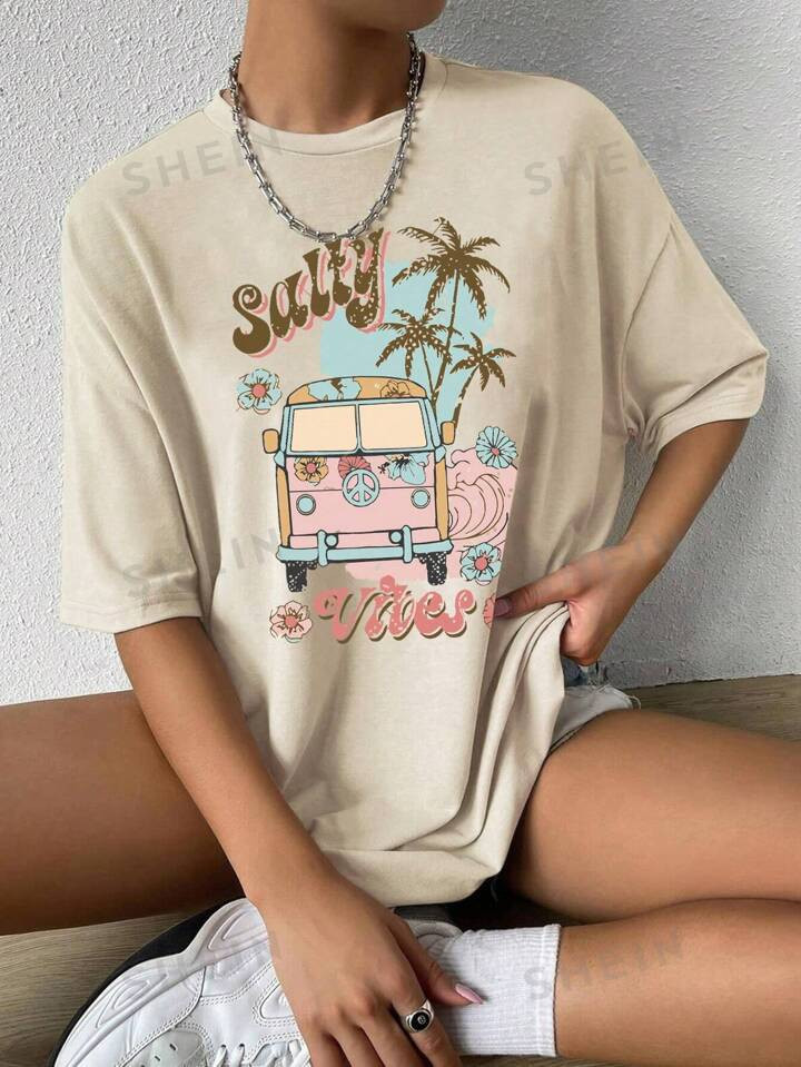 SHEIN EZwear Bus & Letter Graphic Drop Shoulder Tee | SHEIN