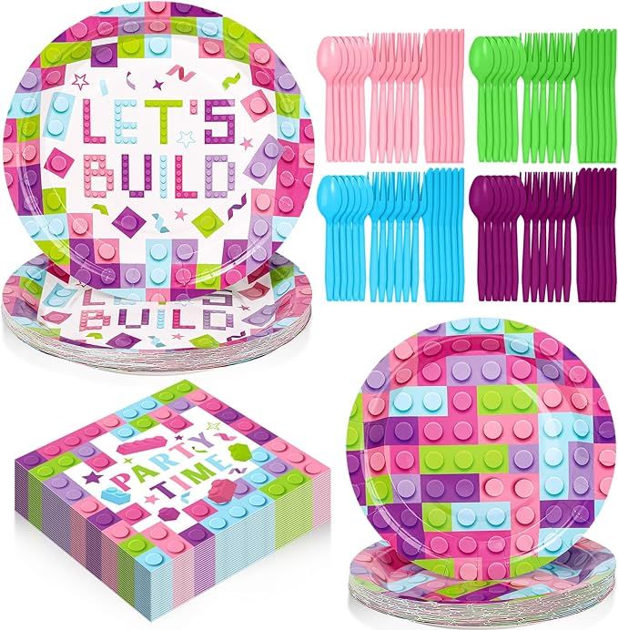 Gejoy 96 Pcs Building Block Birthday Party Supplies, Include 7 Inch 9 Inch Brick Party Plates and... | Amazon (US)