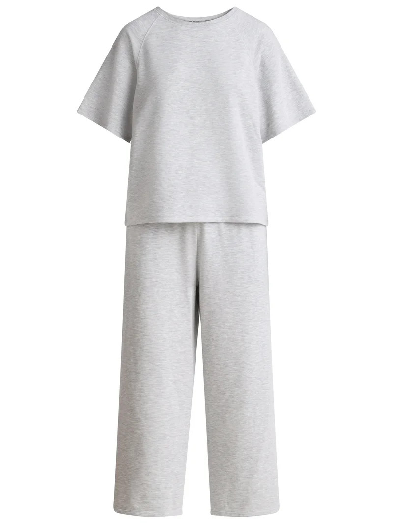 Joyspun Women's French Terry Short Sleeve Top and Capri Pants Set, 2-Piece, Sizes XS-3X | Walmart (US)