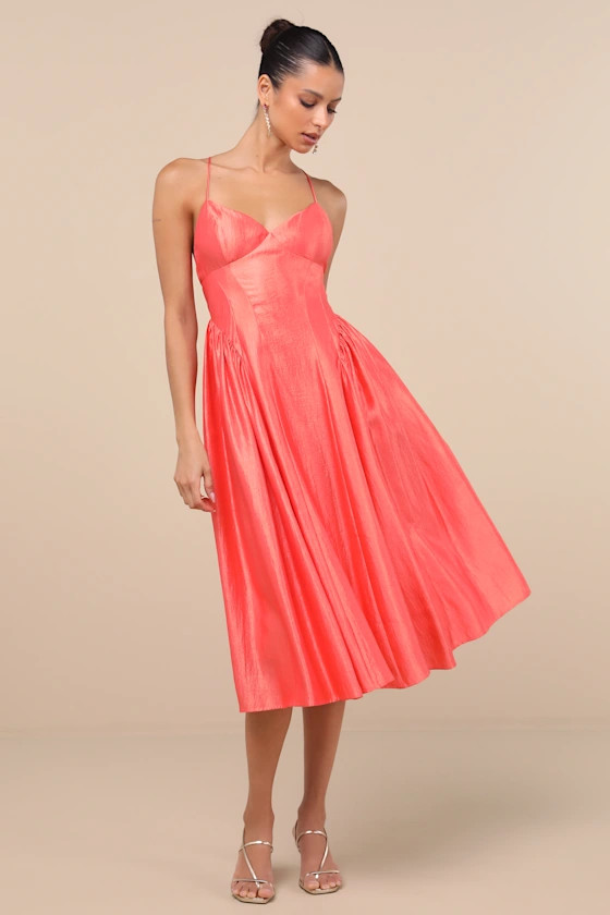 Paride Shiny Coral Gathered Lace-Up Midi Dress | Lulus