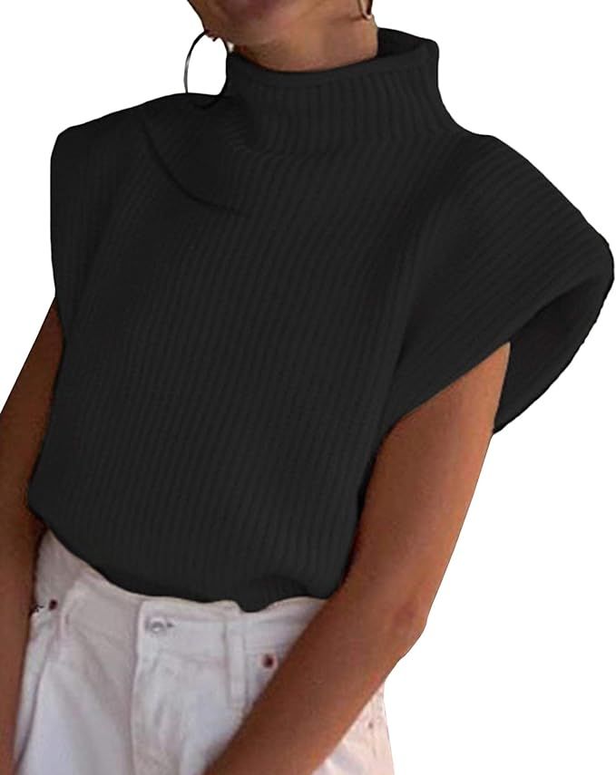 xxxiticat Women's Shoulder Pad Sweater Sleeveless Turtleneck Wide Shoulder Knitted Sweater Vest C... | Amazon (US)