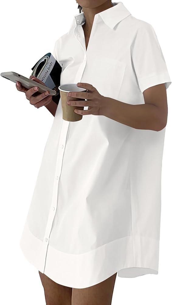 Rooscier Women's Casual Shirt Dress Collar V Neck Button Down Short Sleeve Loose Mini Dresses | Amazon (US)