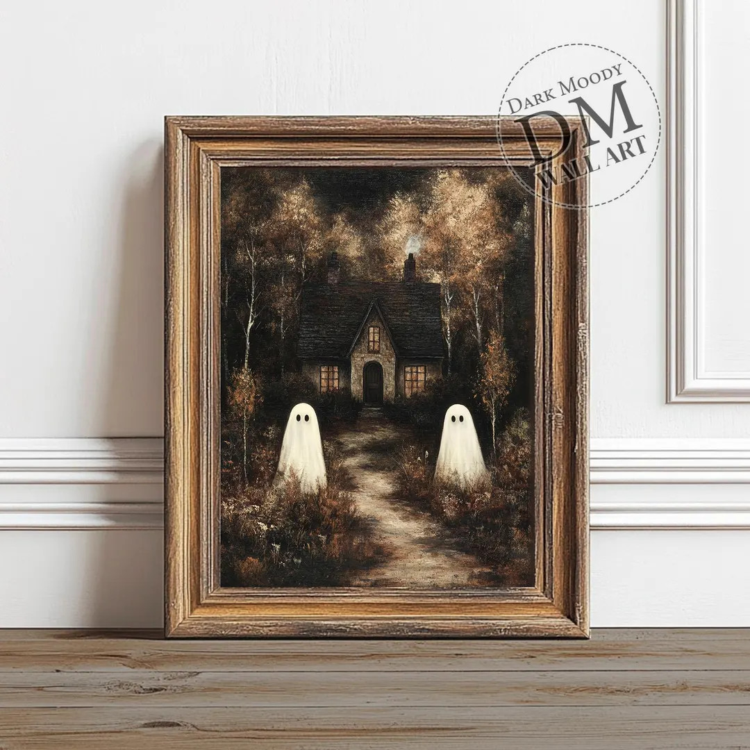 Dark Cottage With Ghosts Print, Printable Vintage Halloween Wall Art, Dark Cottagecore Print, Rus... | Etsy (US)