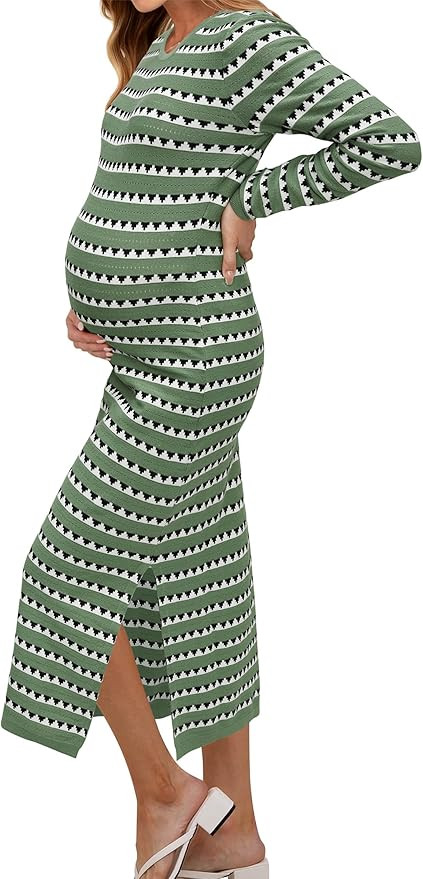 OUGES Women's 2024 Summer Maternity Dress Knit Sleeveless Crewneck Midi Dress Side Slit Striped B... | Amazon (US)