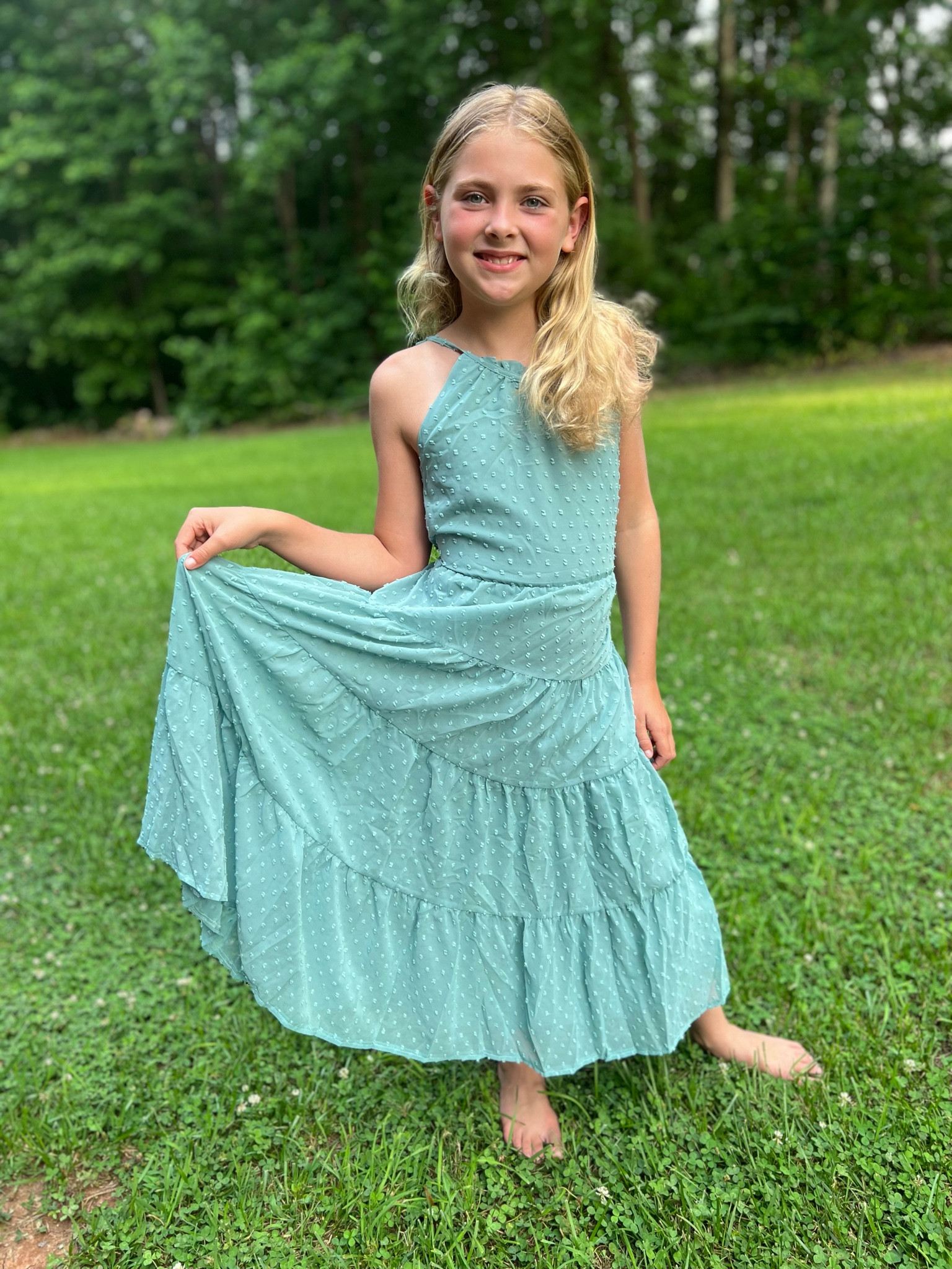 Girls Amazon Summer maxi dress 
True to size! She’s 10 wearing size 10 years. 
Elastic waistline, swiss dot fabric, fully lined A-line silhouette, keyhole back with button, halter neck, ankle-length flowy 

#LTKunder50 #LTKkids #LTKfamily
