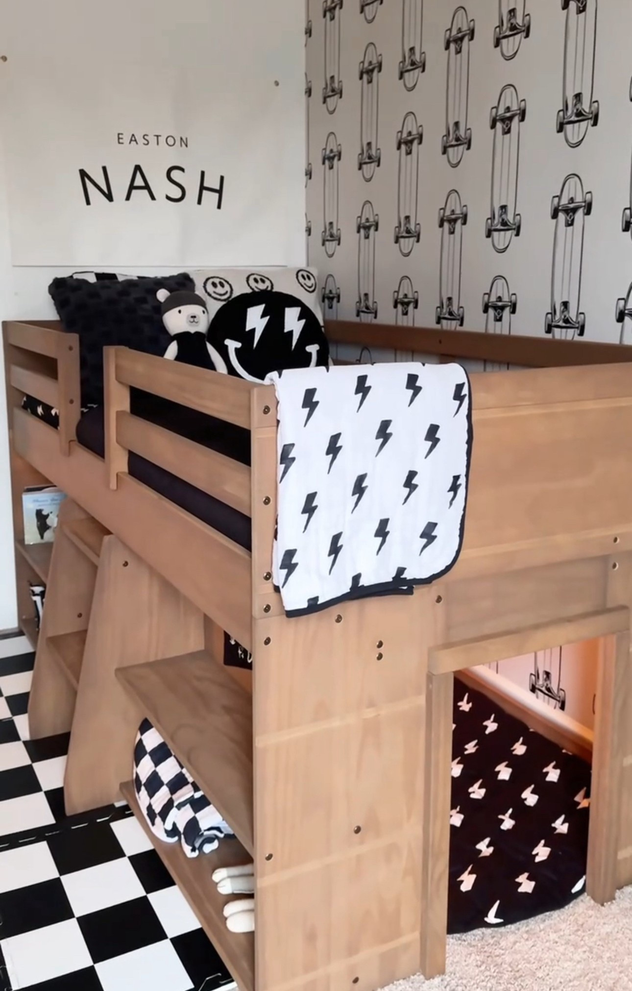 Boy Bedroom 

There were so many cool beds to choose from but I’m so glad I decided on this cool loft bed. All 4 of my kids love it. The little clubhouse/ reading nook /bunker space underneath is so fun for the kids. And the shelves are so fun for me to style. 

Modern Boys Bedroom Decor | Neutral style | black and white | checks | bolts | skater style | cool kid | cool beds for kids | bunk bed | loft bed | fort | kids decor | kids bedding | skateboard style |

#LTKHome #LTKU #LTKKids