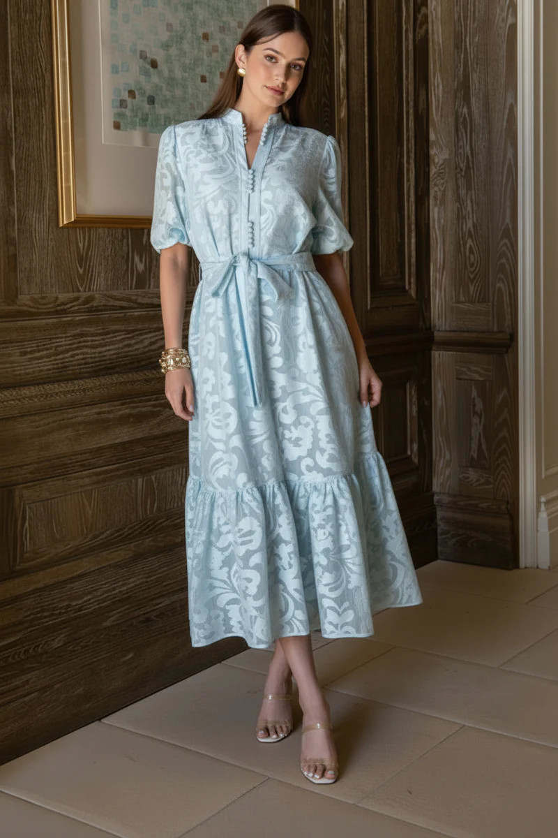 Daisy Lace Short Puff Sleeve Midi Dress - Light Blue | Benaar La