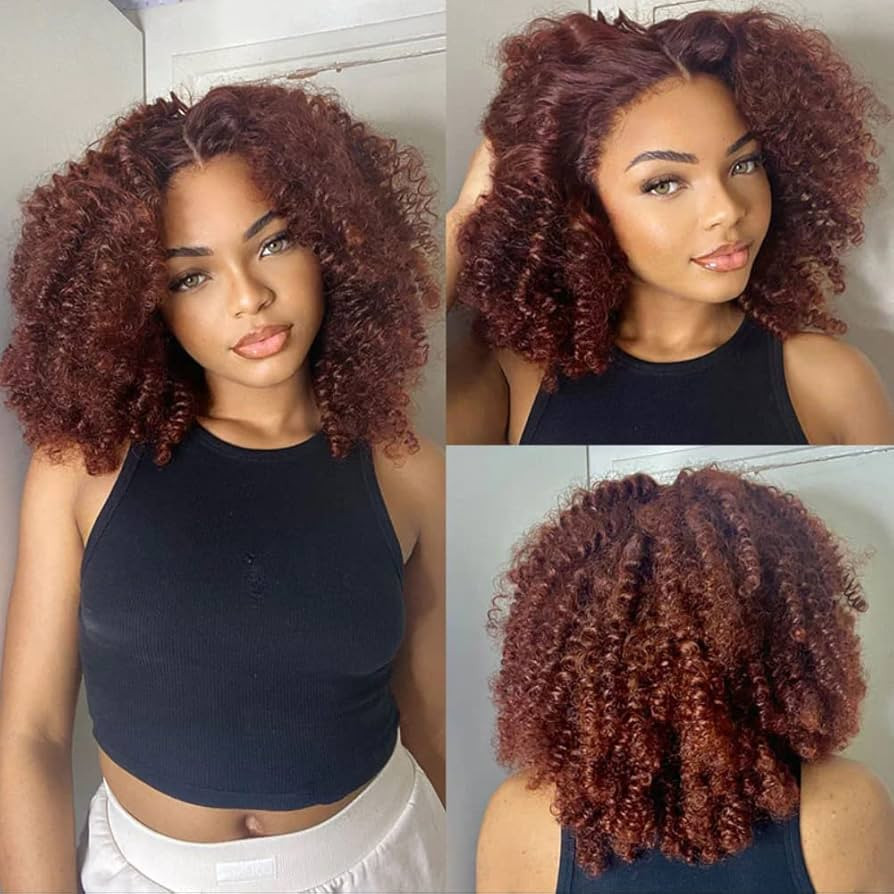 KLAIYI 4C Kinky Curly Reddish Brown 13x4 Lace Front Human Hair Cooper Red Afro Curly Glueless Lac... | Amazon (US)