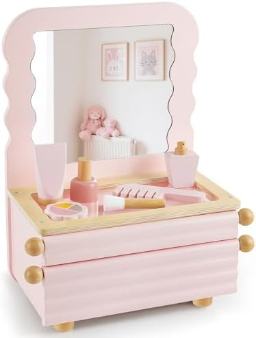 Wooden Kids Vanity Set with Acrylic Display Case, Pretend Play Toddler Makeup Vanity for Girls, B... | Amazon (US)