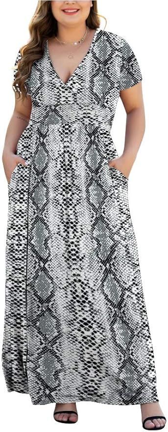 HAOMEILI Women's L-5XL Short/Long Sleeve V-Neck Plus Size Casual Maxi Dresses with Pockets | Amazon (US)