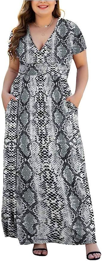 HAOMEILI Women's L-5XL Short/Long Sleeve V-Neck Plus Size Casual Maxi Dresses with Pockets | Amazon (US)