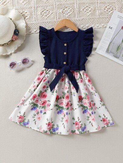 Toddler Girls Floral Print Ruffle Trim Belted Dress | SHEIN